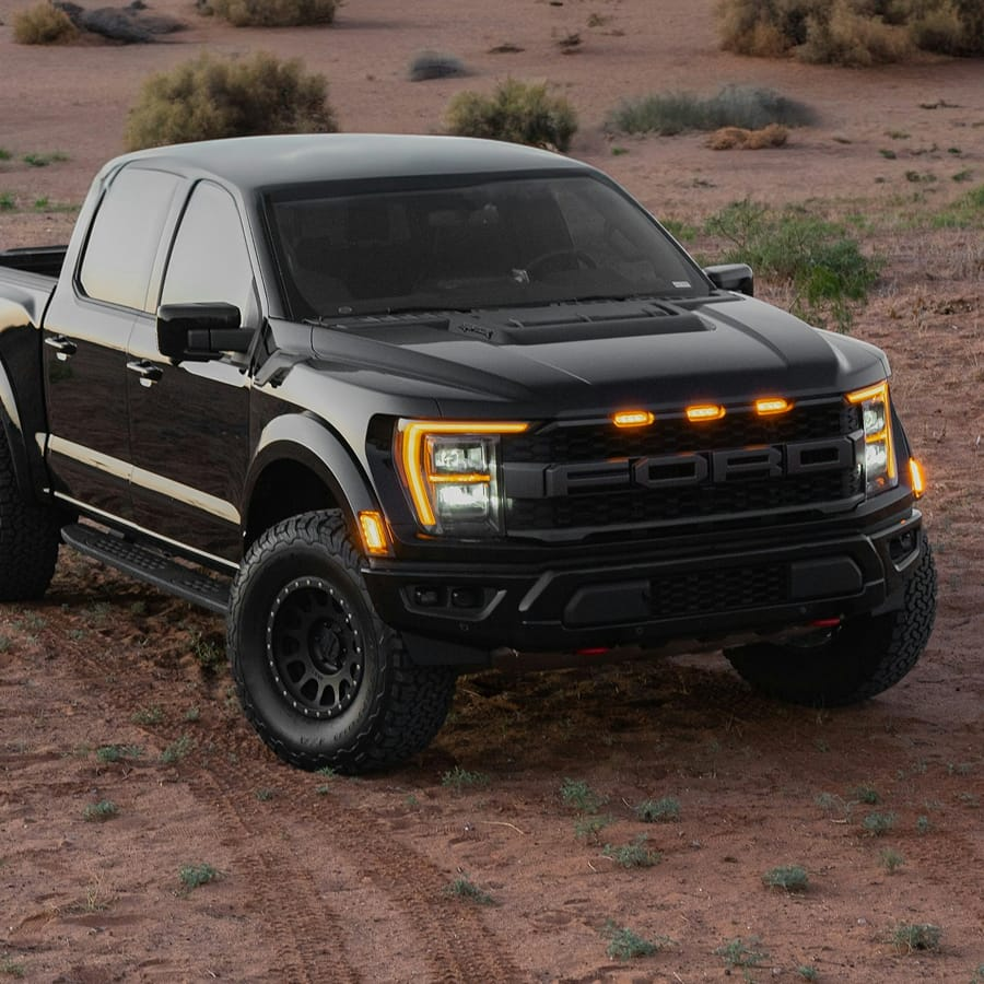 Front view of a black Ford Raptor