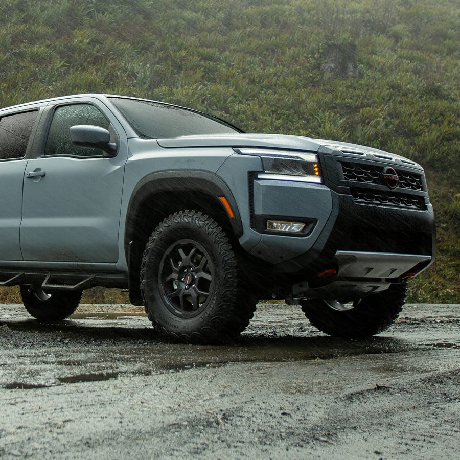 Front view of a slate grey Nissan Frontier